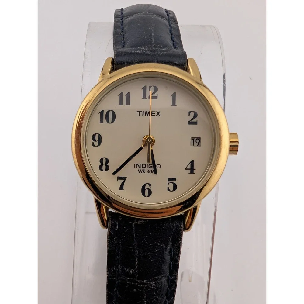 Timex Easy Reader Watch Women 25mm Gold Case Blue Leather Band- New Battery